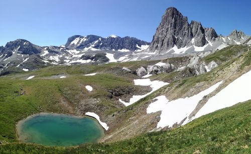 Scenic view of mountains against clear blue sky