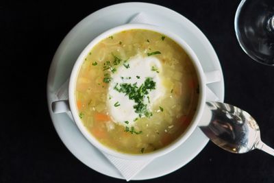 High angle view of soup in bowl