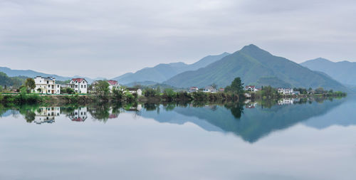 Reflection of buildings in lake against sky