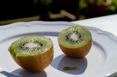 Close-up of kiwi in plate on table