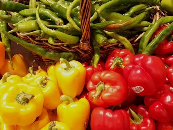 Close-up of bell peppers and chilies for sale