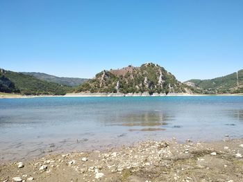 Scenic view of sea against clear blue sky