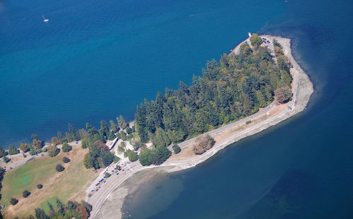 High angle view of beach against blue sky