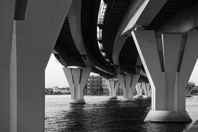 Low angle view of bridge over river in city