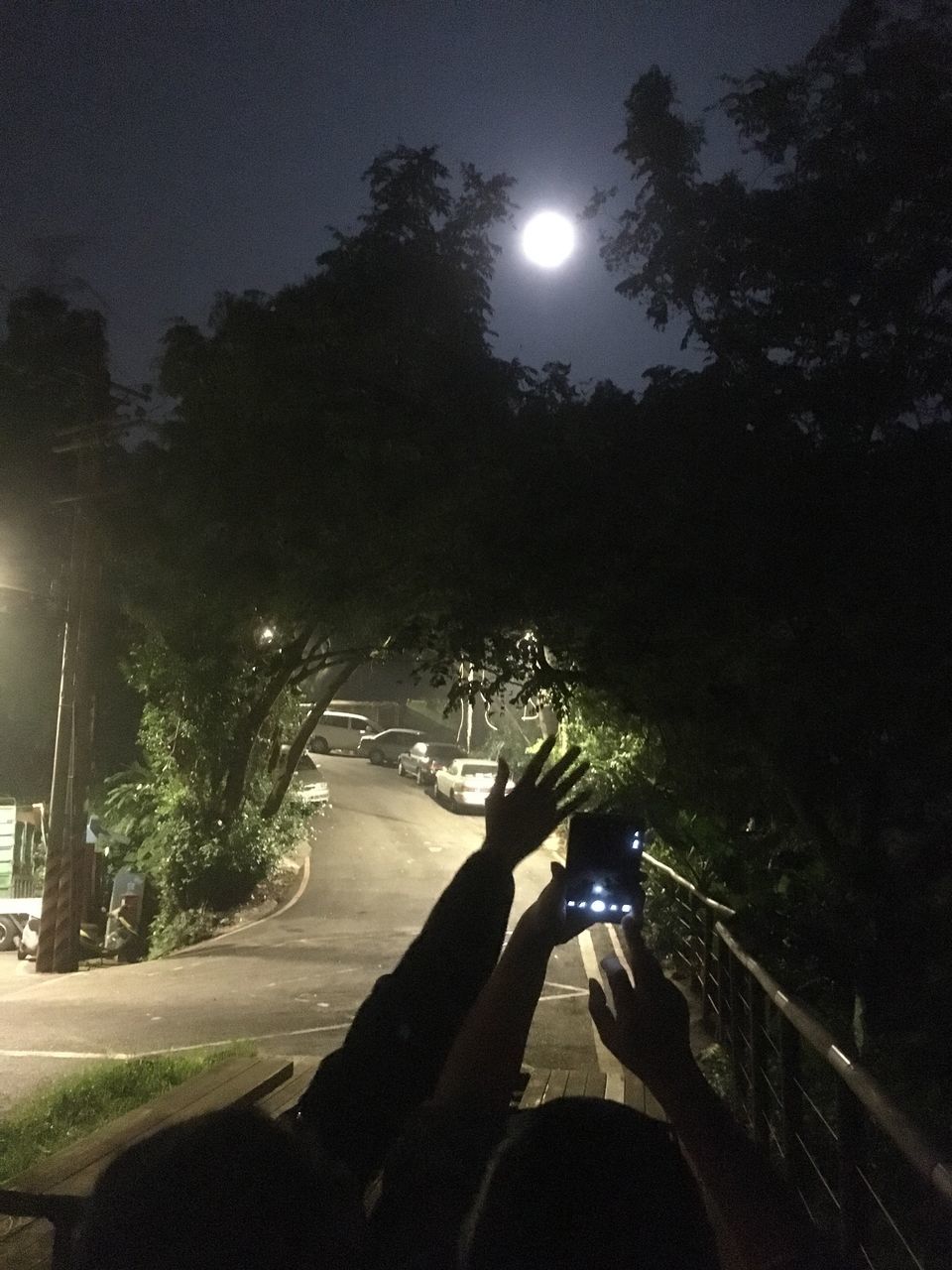 tree, night, sky, wireless technology, outdoors, illuminated, human hand, real people, technology, men, nature, human body part, people