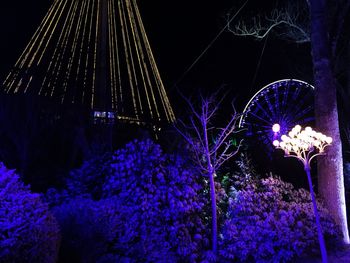 Low angle view of illuminated christmas tree against sky