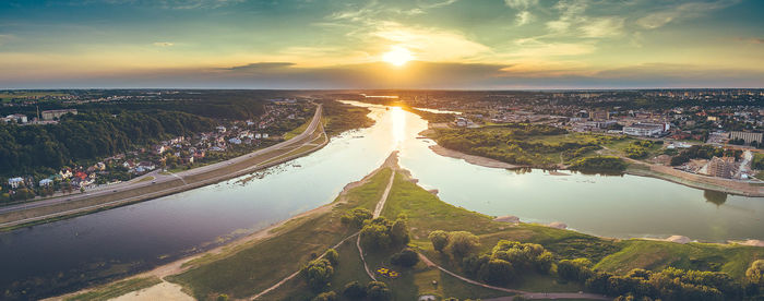 Panoramic view of nevezis and cityscape during sunset