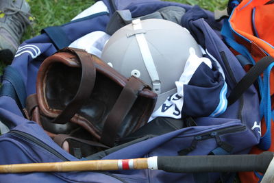 Close-up high angle view of sports equipment on land