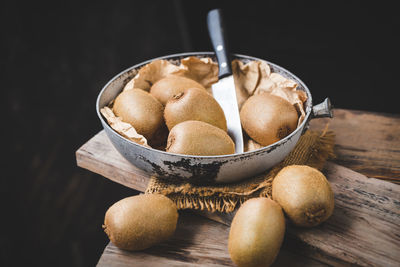 High angle view of cookies in bowl on table