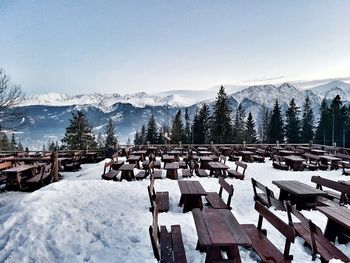 Panoramic view of snowcapped mountains against clear sky