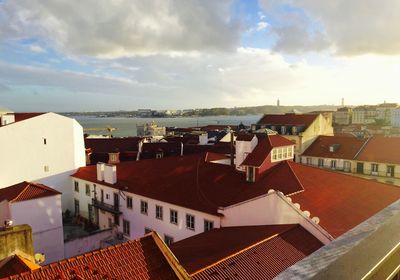 High angle view of houses in town against sky