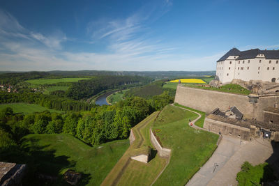 High angle view of buildings against sky