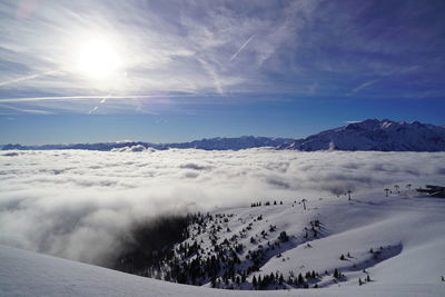 Scenic view of snow covered mountains against sky