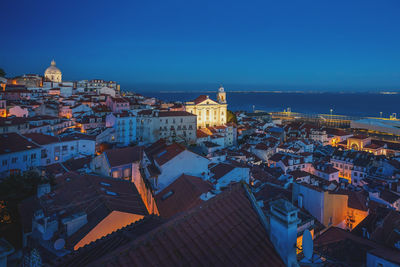 High angle view of illuminated buildings against sky at night