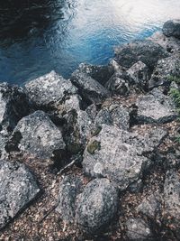 High angle view of rocks on beach