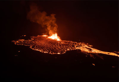 Aerial drone image of meradalir eruption of fagradalsfjall volcano in iceland 2022