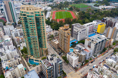 High angle view of modern buildings in city