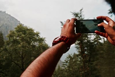 Cropped image of hand holding mobile phone against trees