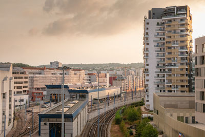 High angle view of buildings against sky