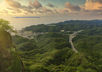 Sunset sky on the uraga channel and kanaya fishing village with the futtsu-tateyama road.