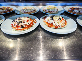 High angle view of meal served on table