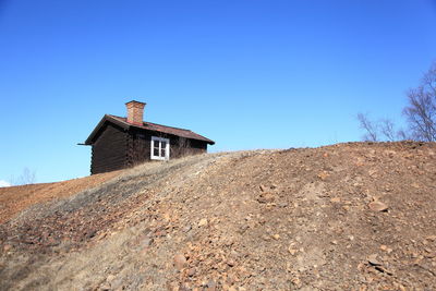 Abandoned building on landscape against clear blue sky