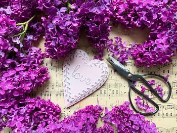 High angle view of pink flower on table