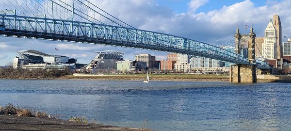 Bridge over river with buildings in background