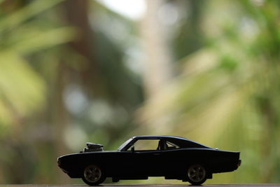 A black die cast toy car on a greenery background.