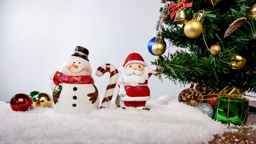 Close-up of christmas decorations against white background