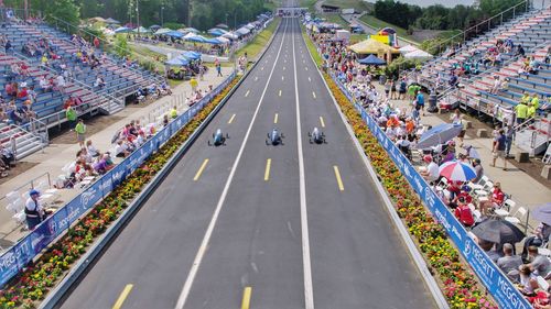 High angle view of crowd on road in city