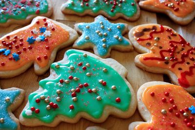 High angle view of cookies on table