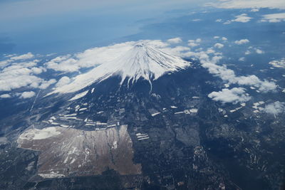 Aerial view of snowcapped mountains against sky