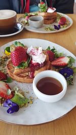 High angle view of breakfast served on table