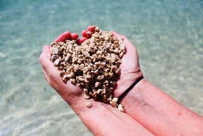 Cropped hand holding stones at beach