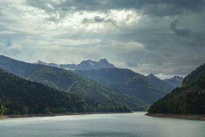 Panoramic view of sauris lake at the aftenoon