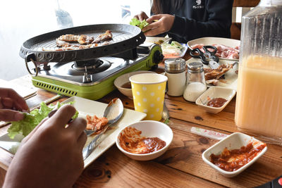 High angle view of breakfast served on table