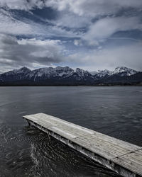 Scenic view of lake by mountains against sky