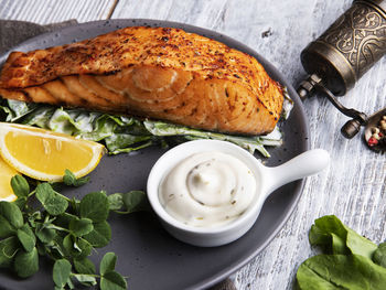 High angle view of bread in plate on table