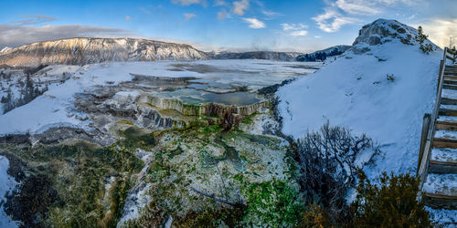 Scenic view of snow covered mountains against sky