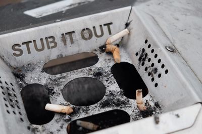 High angle view of text on metal