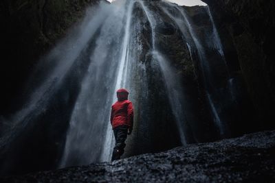 Rear view of man standing on rock