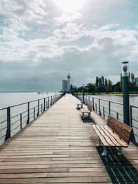 Empty wooden pier on sea against sky