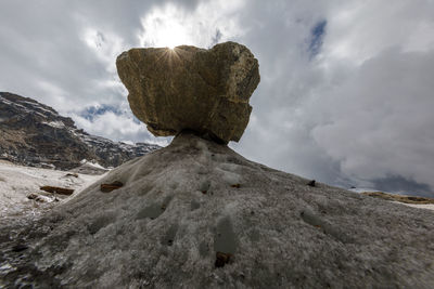 Low angle view of rock formation against sky