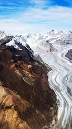 Aerial view of snowcapped mountains against sky