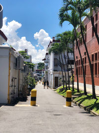 Footpath amidst palm trees and buildings against sky