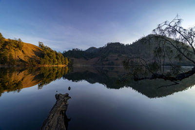 Scenic view of lake by mountains against sky
