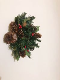 Close-up of christmas tree against white background