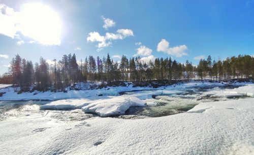 Scenic view of snow covered land against sky