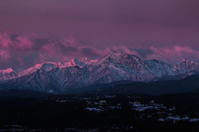 Scenic view of snowcapped mountains against sky during sunset